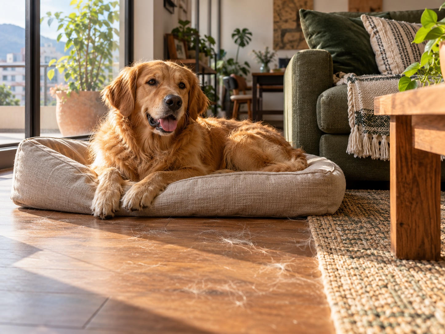 Perro descansando en su cama, con pelo visible en el piso cercano