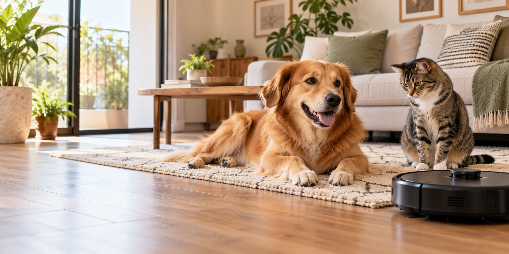 Perro y gato en una sala con un robot aspirador